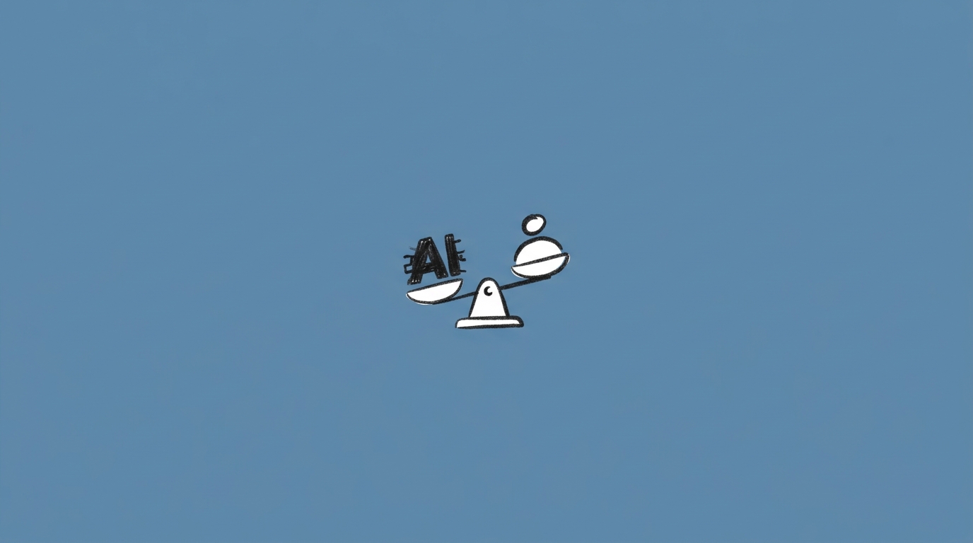 Hand-drawn illustration of a small balance scale weighing two shapes