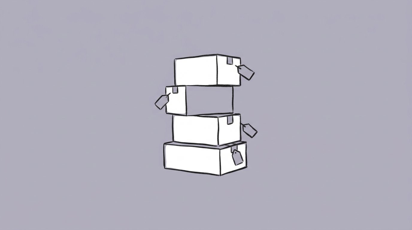 Hand-drawn illustration of four small product boxes stacked