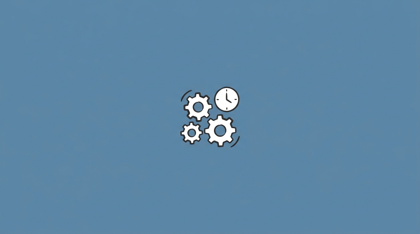 Hand-drawn illustration of small interconnected gears and clock