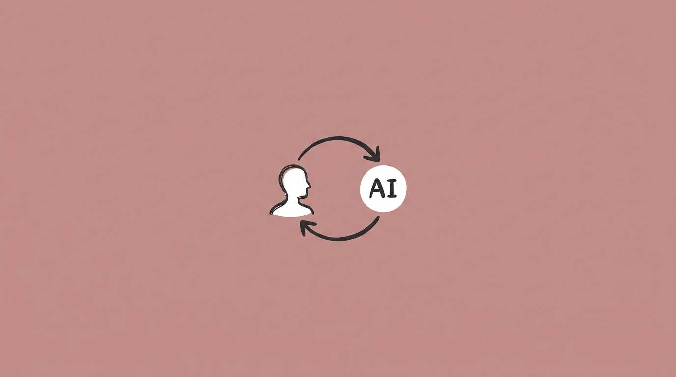 Illustration of a human figure connected to an AI node through a circular feedback loop