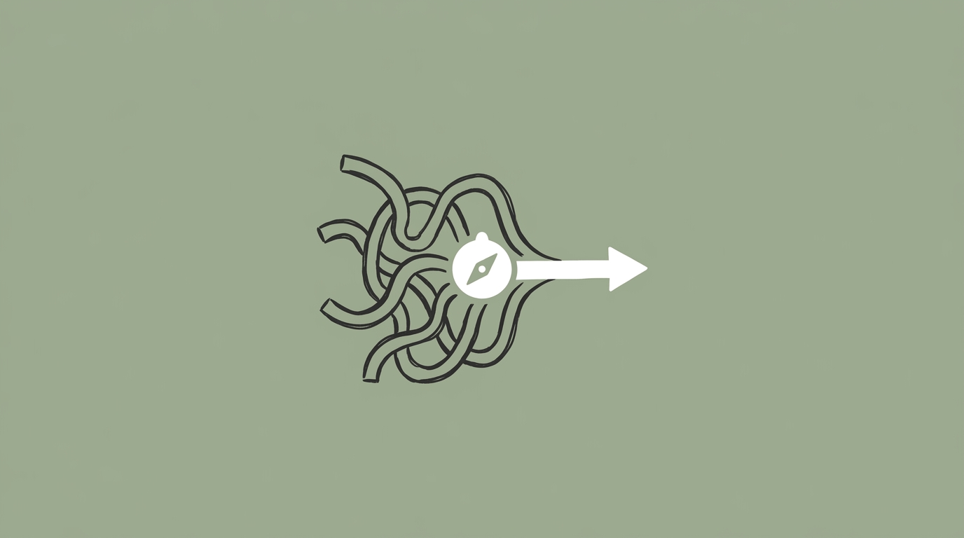 Illustration of tangled winding paths converging to a single clear forward route