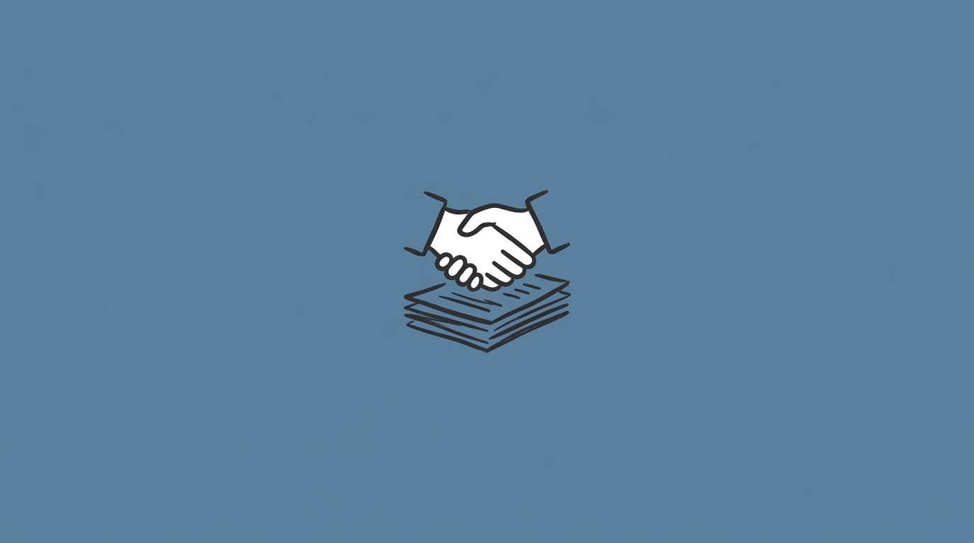 Hand-drawn illustration of a small handshake above a stack of papers