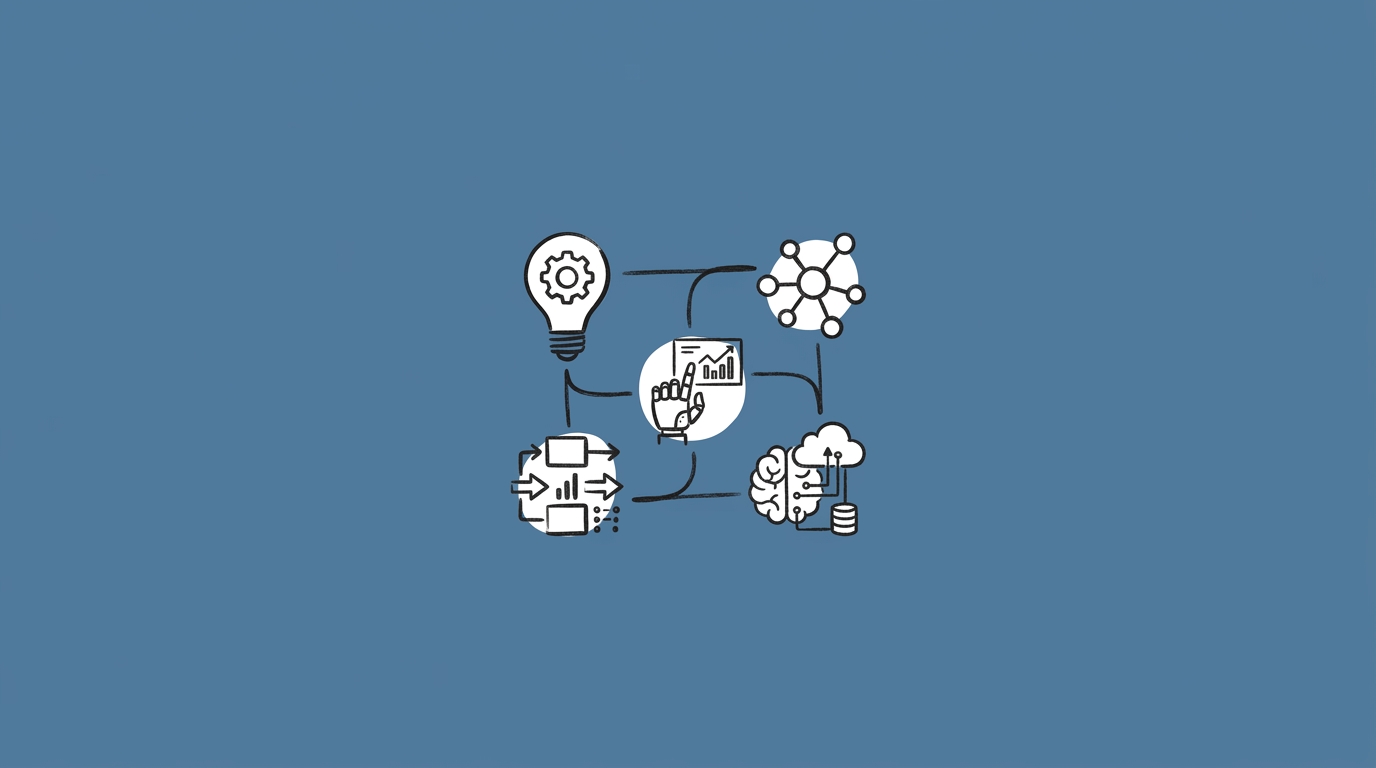 Hand-drawn illustration of five small connected service icons
